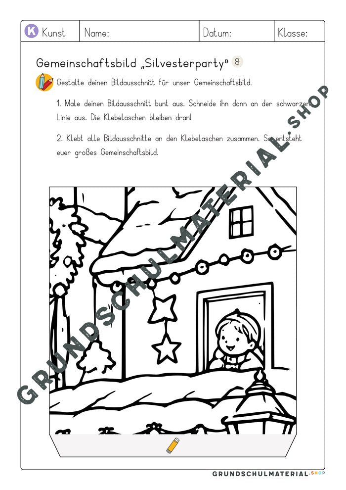Gemeinschaftsbild Silvesterparty: Arbeitsblatt Bildausschnitt 8 zum Ausmalen