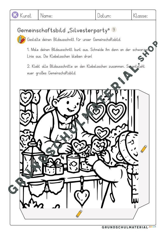 Gemeinschaftsbild Silvesterparty: Arbeitsblatt Bildausschnitt 9 zum Ausmalen