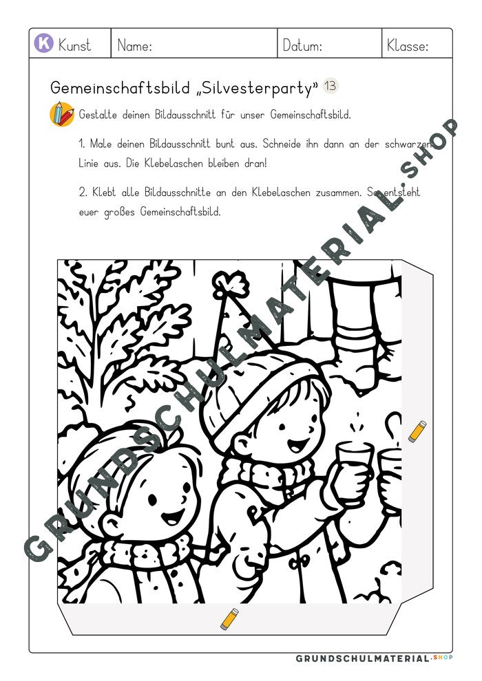 Gemeinschaftsbild Silvesterparty: Arbeitsblatt Bildausschnitt 13 zum Ausmalen
