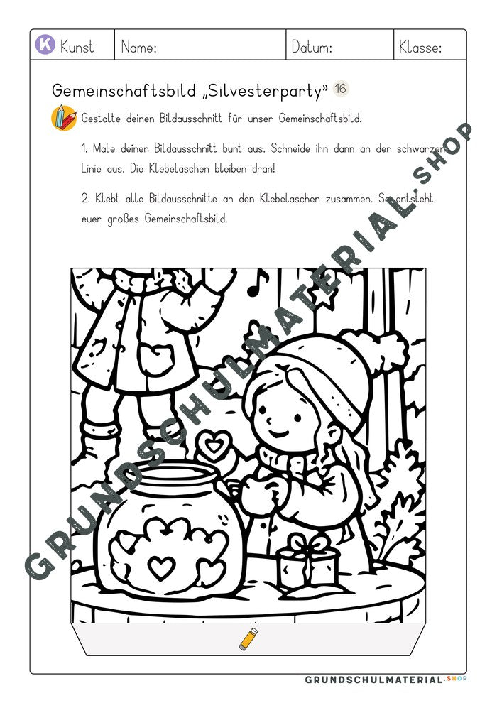 Gemeinschaftsbild Silvesterparty: Arbeitsblatt Bildausschnitt 16 zum Ausmalen