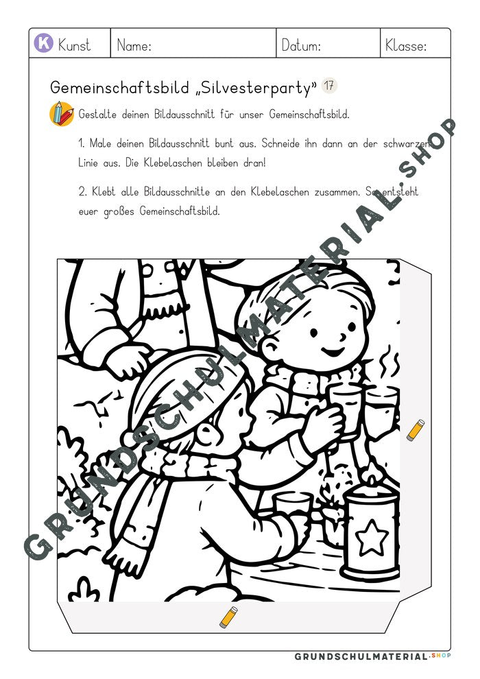 Gemeinschaftsbild Silvesterparty: Arbeitsblatt Bildausschnitt 17 zum Ausmalen