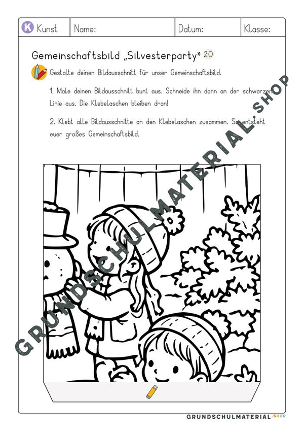 Gemeinschaftsbild Silvesterparty: Arbeitsblatt Bildausschnitt 20 zum Ausmalen