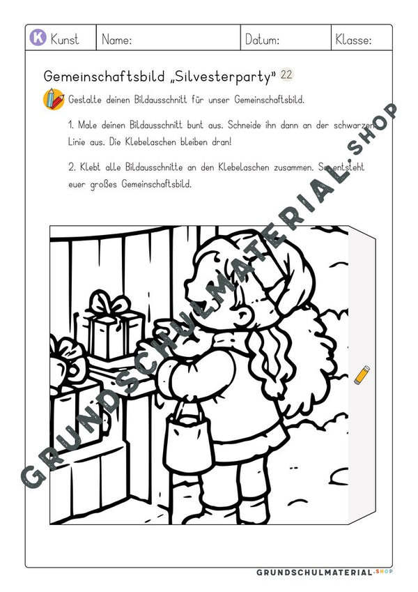 Gemeinschaftsbild Silvesterparty: Arbeitsblatt Bildausschnitt 22 zum Ausmalen