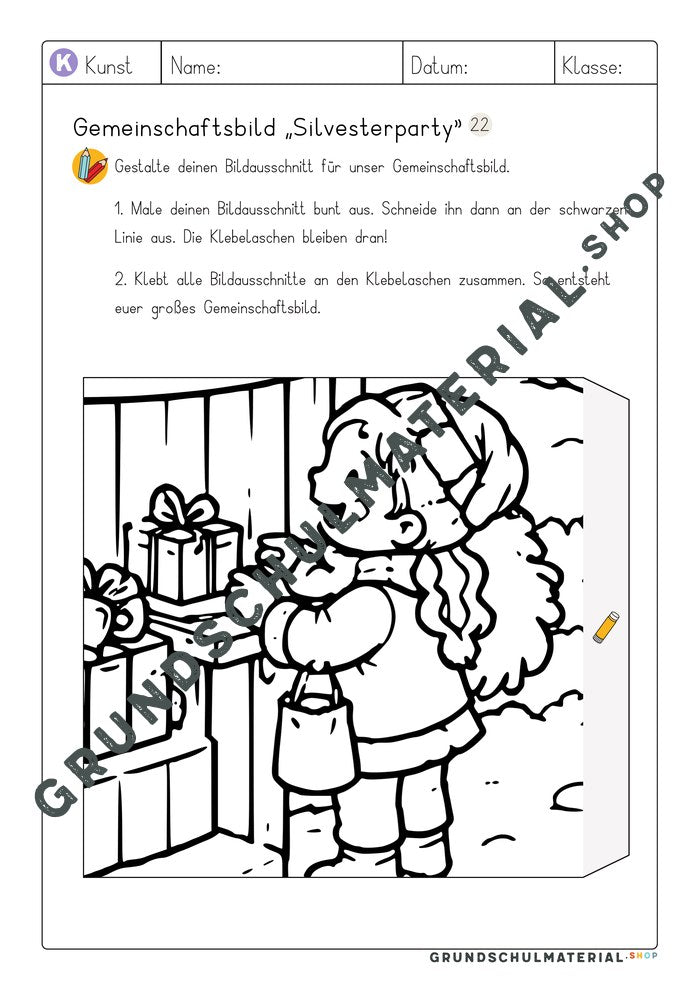 Gemeinschaftsbild Silvesterparty: Arbeitsblatt Bildausschnitt 22 zum Ausmalen