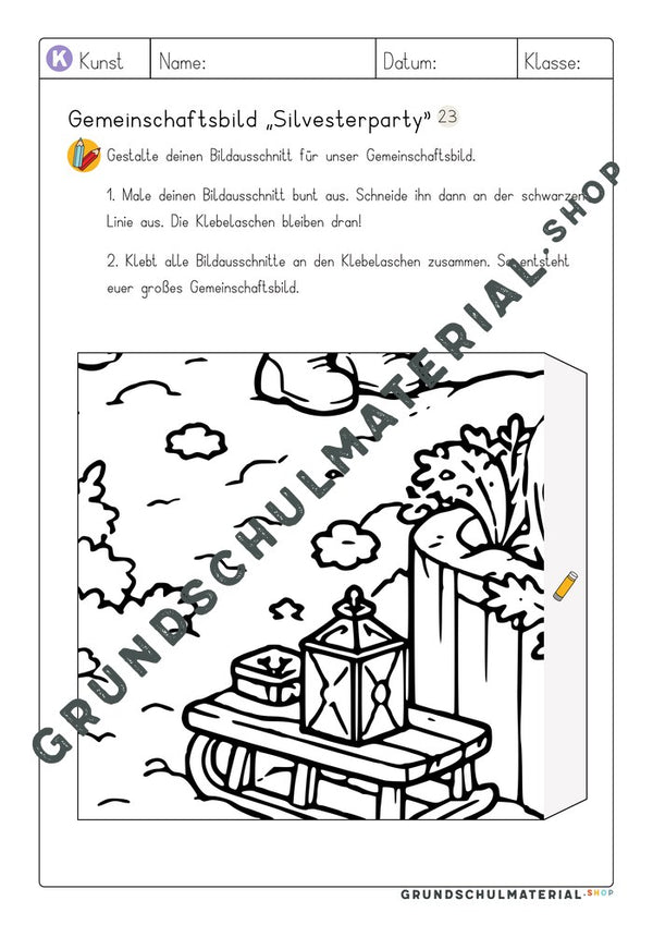 Gemeinschaftsbild Silvesterparty: Arbeitsblatt Bildausschnitt 23 zum Ausmalen