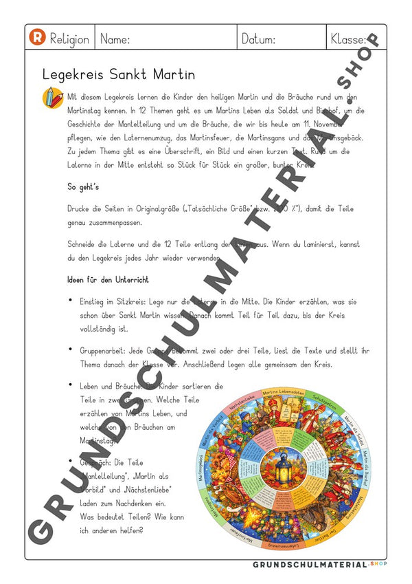 Hinweise für Lehrkräfte zum Legekreis Sankt Martin mit Ideen für den Unterricht