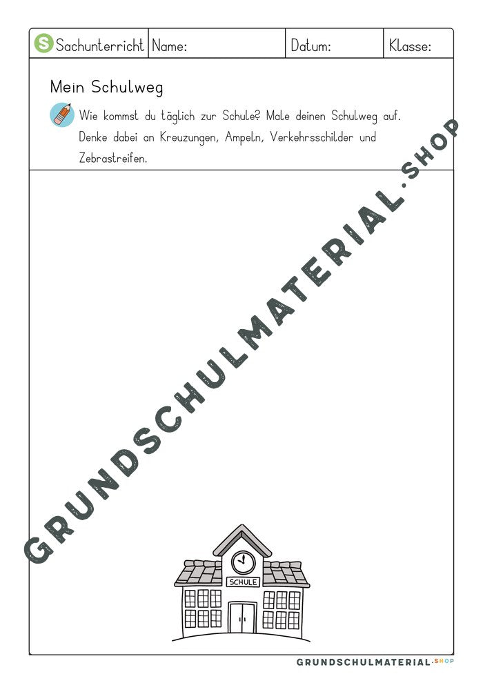 Arbeitsblatt Mein Schulweg: Kinder malen ihren Schulweg mit Kreuzungen, Ampeln, Verkehrsschildern und Zebrastreifen