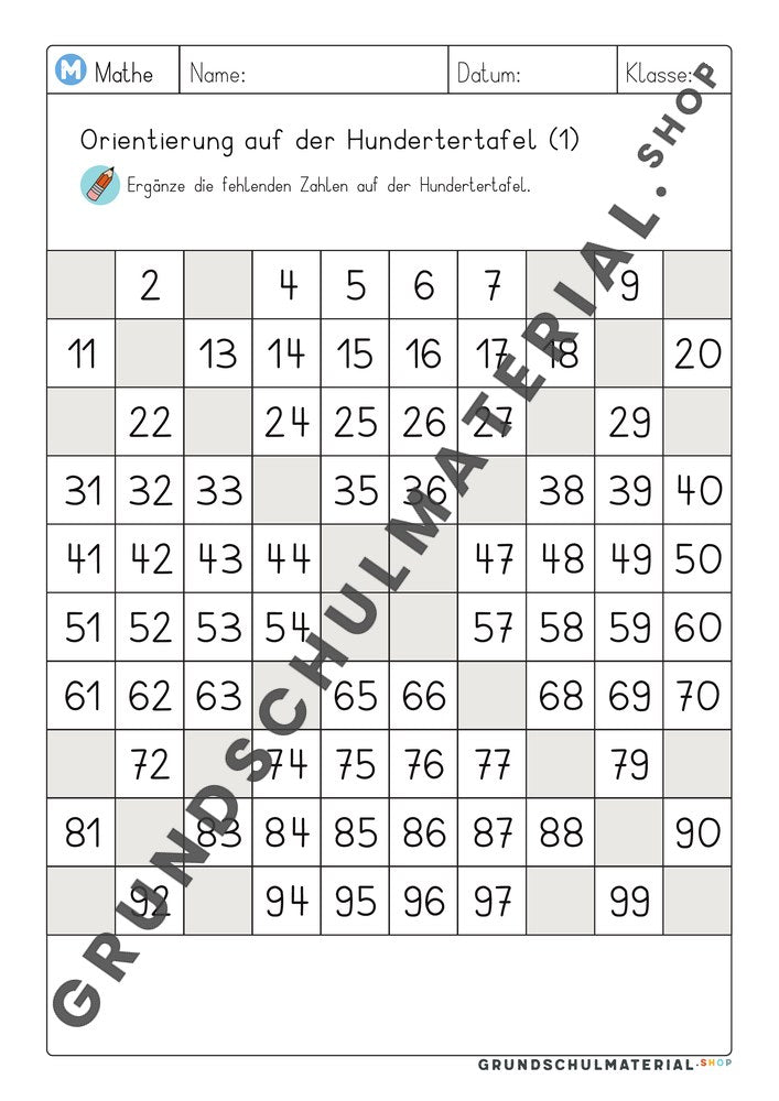 Arbeitsblatt Orientierung auf der Hundertertafel 1: fehlende Zahlen ergänzen