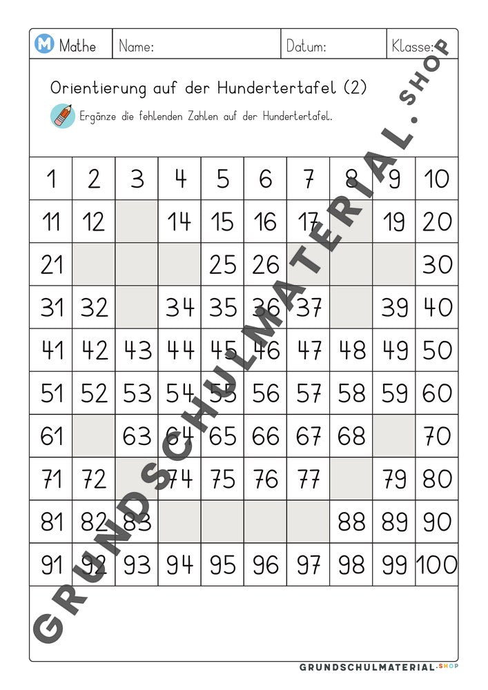 Arbeitsblatt Orientierung auf der Hundertertafel 2: fehlende Zahlen ergänzen