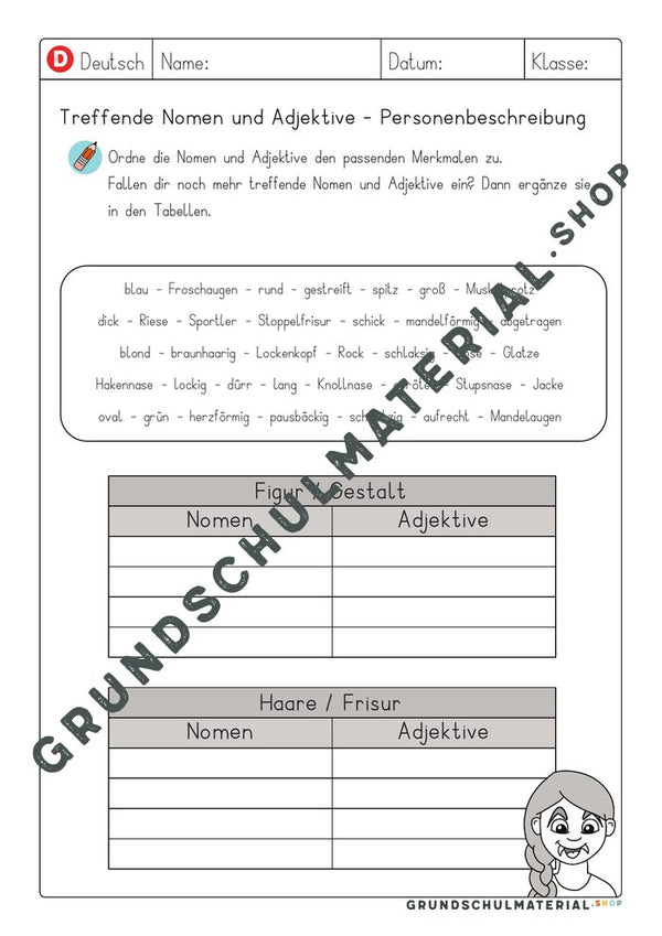 Arbeitsblatt Treffende Nomen und Adjektive – Wortspeicher und Tabellen zu Figur und Haaren