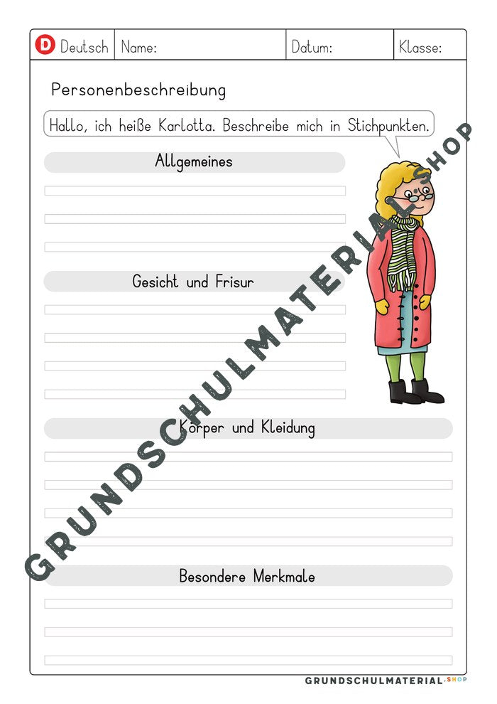 Vorlage Personenbeschreibung – Stichpunkte zu Karlotta sammeln