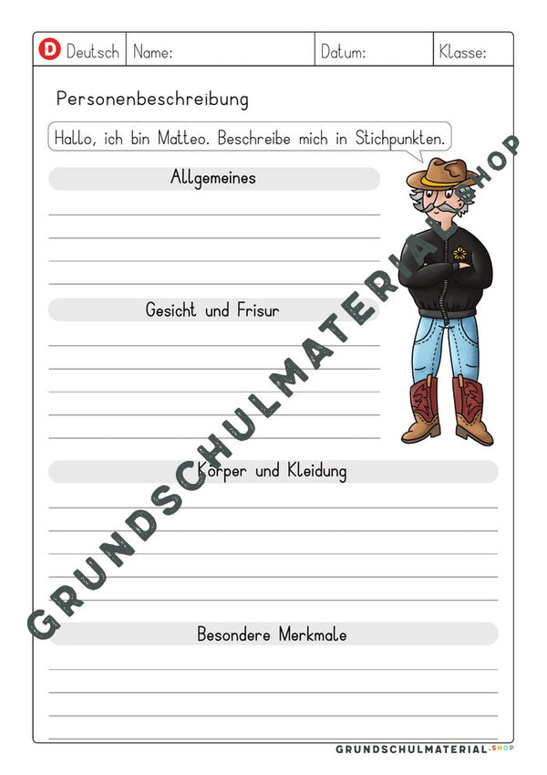 Vorlage Personenbeschreibung – Stichpunkte zu Matteo, zweite Lineatur
