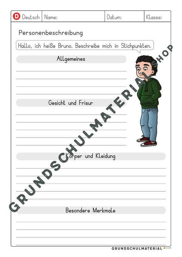 Vorlage Personenbeschreibung – Stichpunkte zu Bruno, zweite Lineatur
