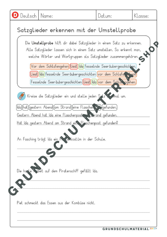 Materialpaket Übungen Satzglieder bestimmen