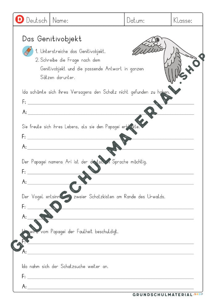 Farbiges Arbeitsblatt „Das Genitivobjekt“ mit der Piratin Ida