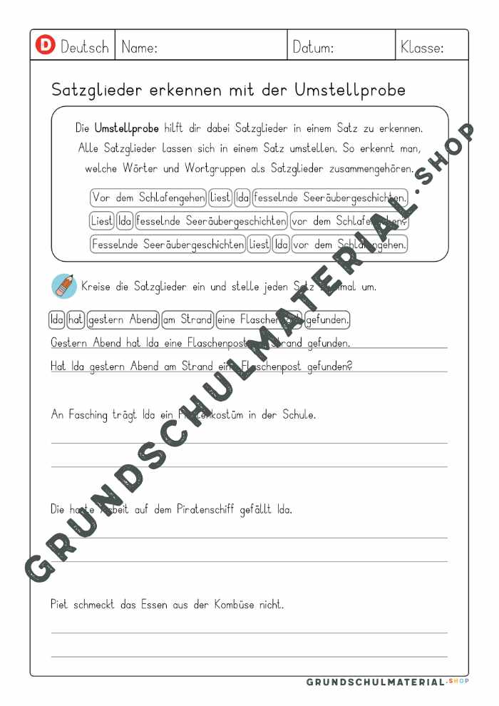 Materialpaket Übungen Satzglieder bestimmen