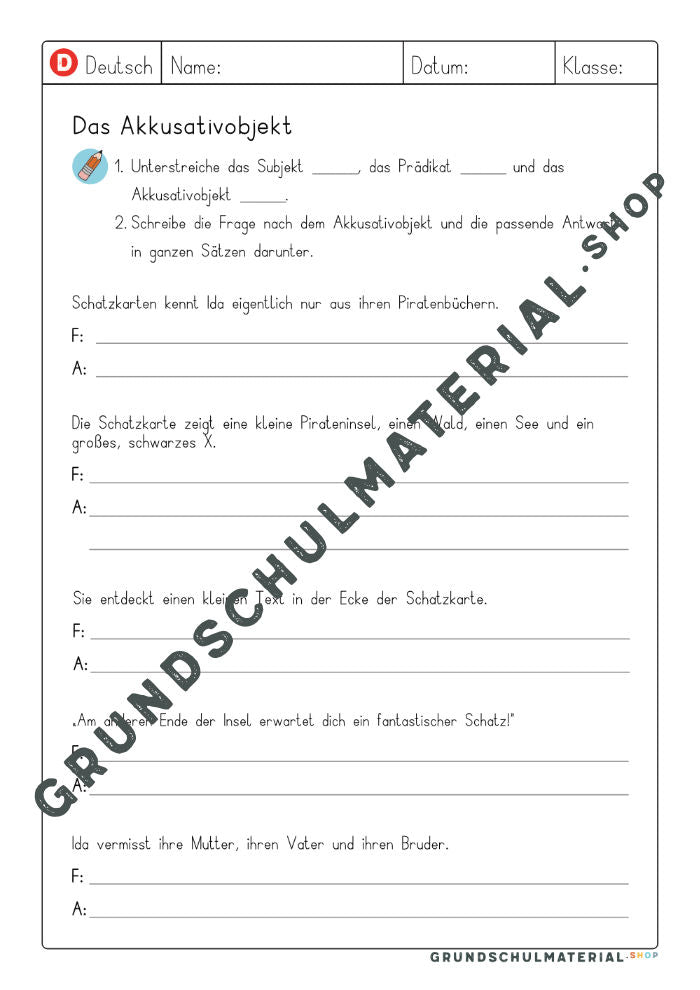 Arbeitsblatt „Das Akkusativobjekt“ (Seite 2) in Schwarz-Weiß