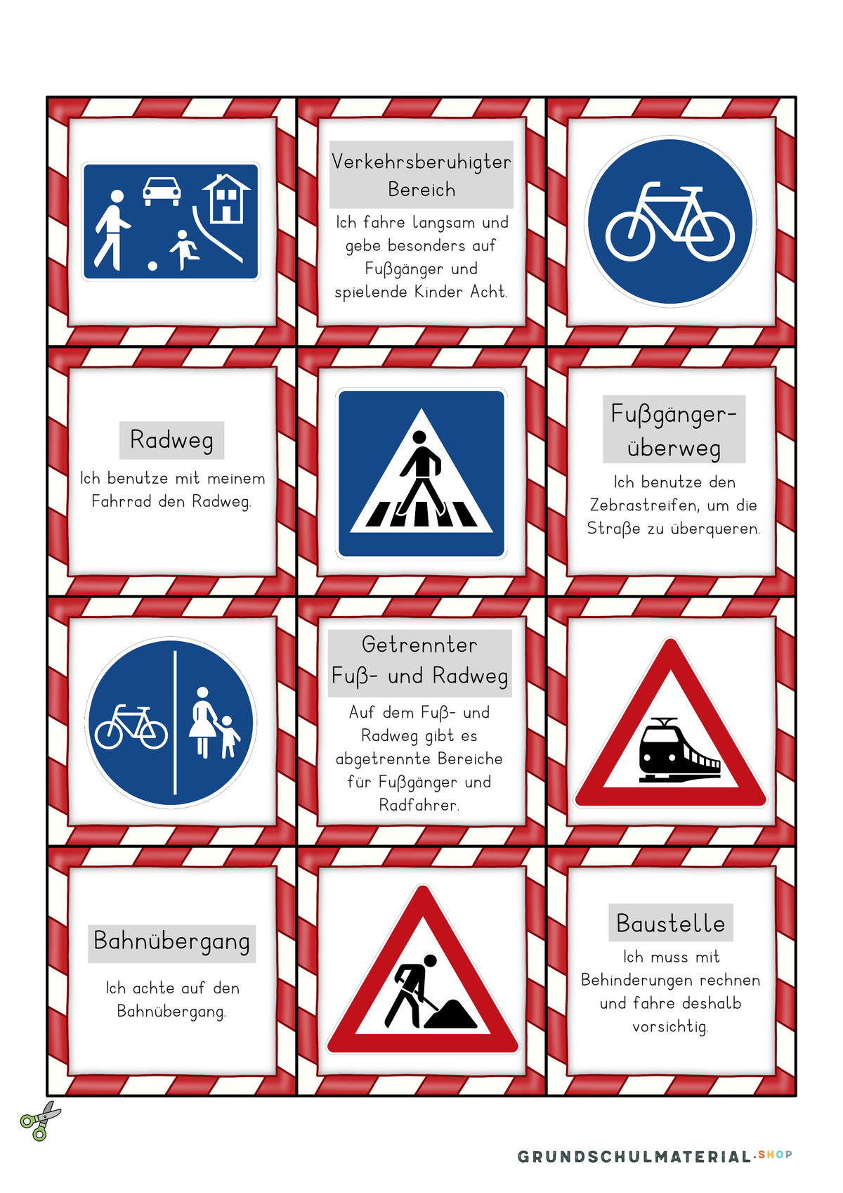Verkehrszeichen Bildermerkspiel Set 1 mit Erklärsatz: Verkehrsberuhigter Bereich, Radweg, Fußgängerüberweg, Bahnübergang, Baustelle