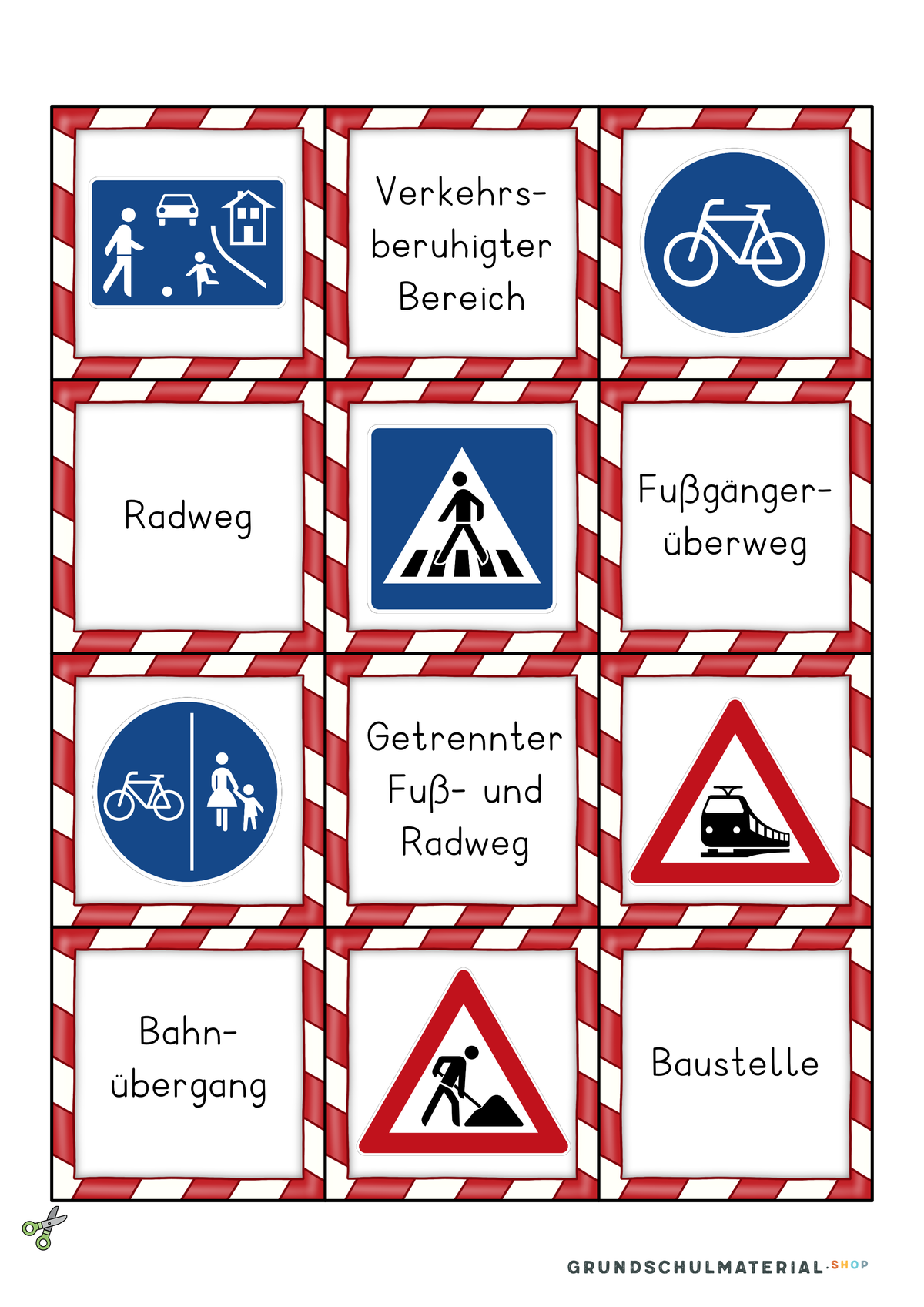 Verkehrszeichen Bildermerkspiel Set 2 mit Namen: Verkehrsberuhigter Bereich, Radweg, Fußgängerüberweg, Bahnübergang, Baustelle