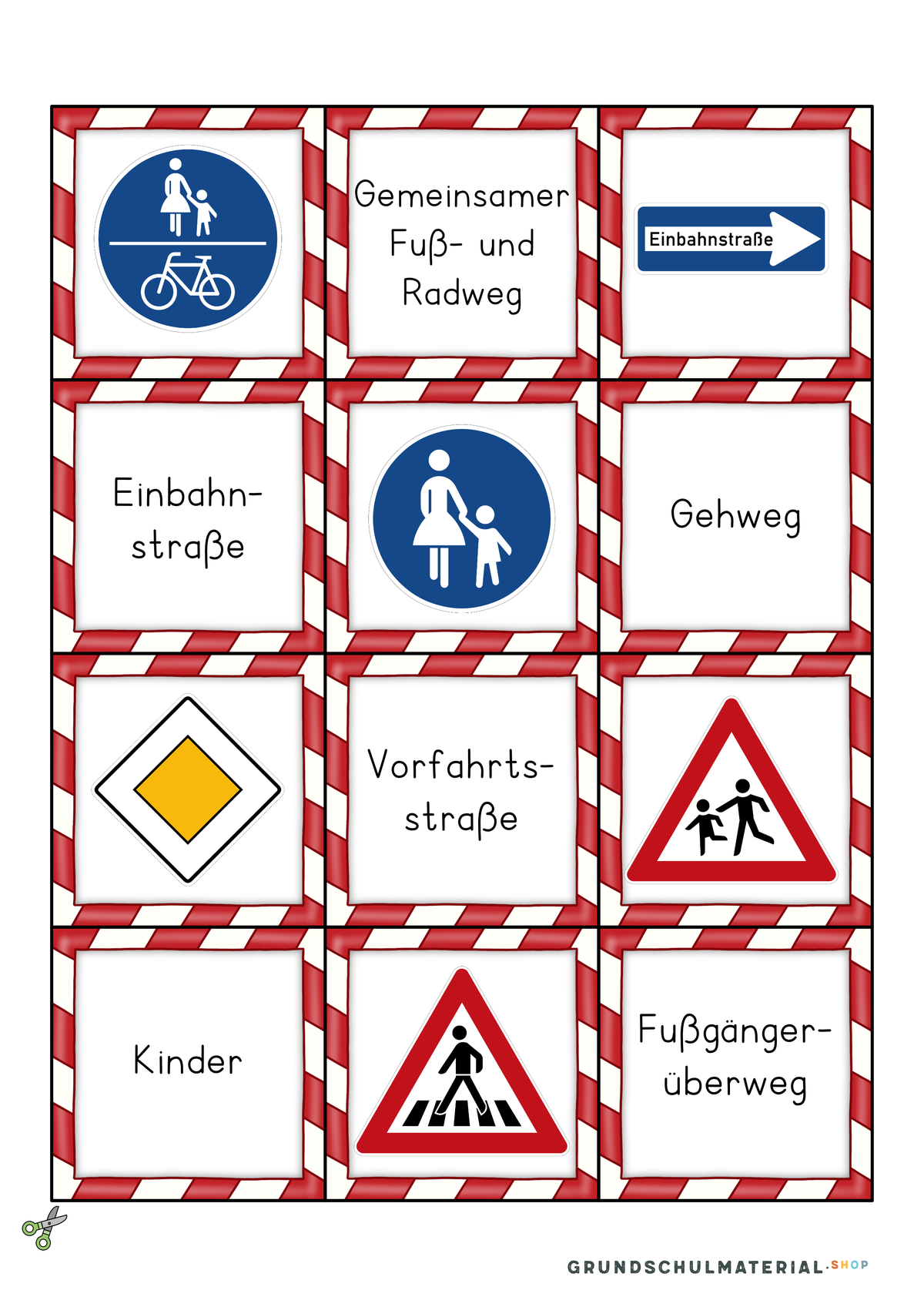 Verkehrszeichen Bildermerkspiel Set 2 mit Namen: Einbahnstraße, Gehweg, Vorfahrtsstraße, Kinder, Fußgängerüberweg