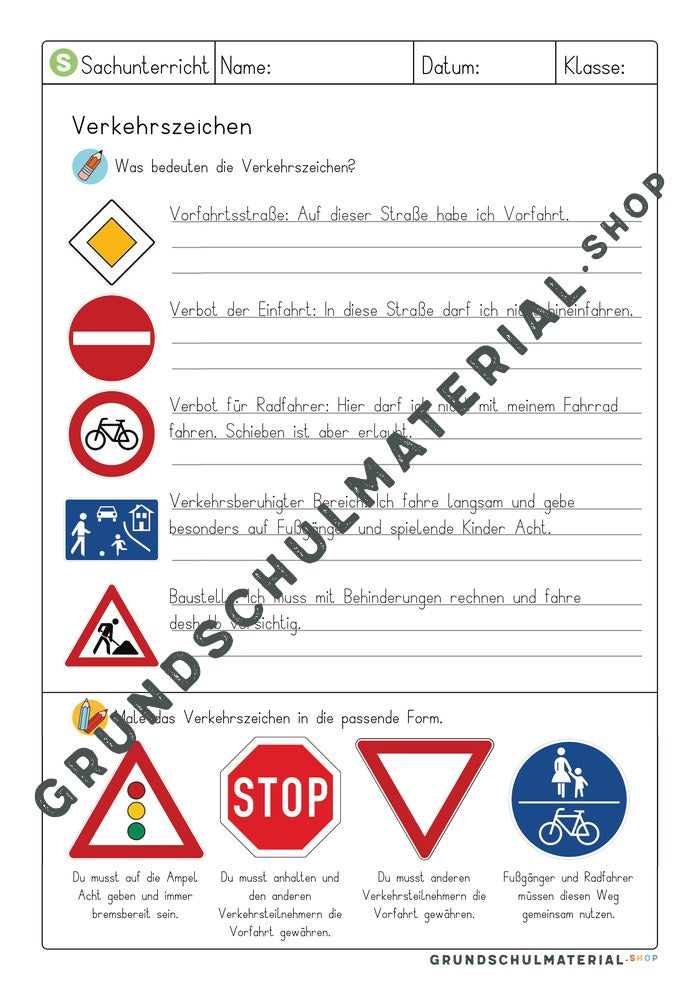 Lösungsblatt Verkehrszeichen mit Erklärungen und ausgemalten Schildern Stopp, Vorfahrt gewähren und Geh- und Radweg