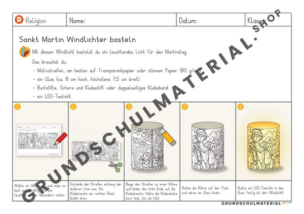 Bastelanleitung Sankt Martin Windlichter mit Materialliste und 5 bebilderten Schritten
