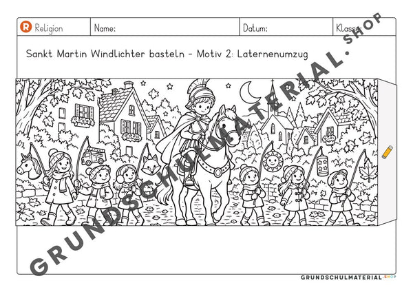Windlicht Sankt Martin: Motivstreifen Laternenumzug zum Ausmalen