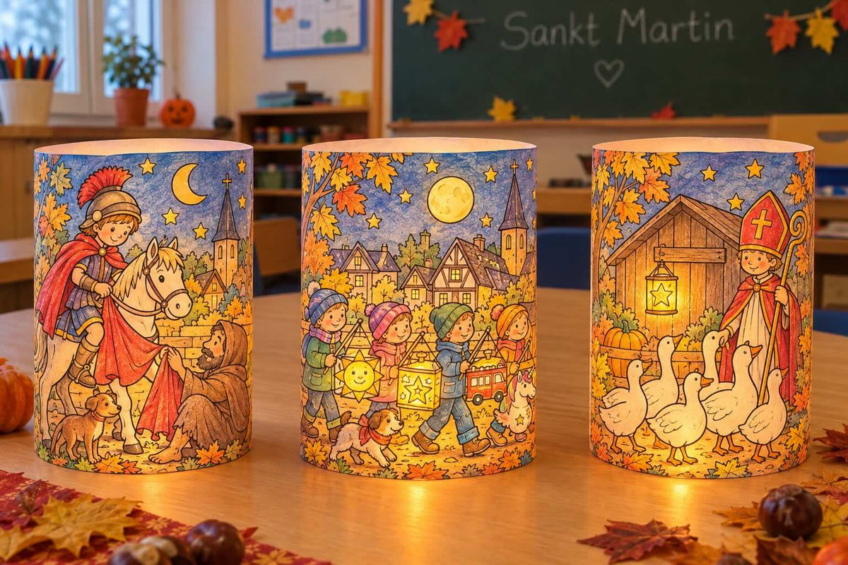 Drei bunt ausgemalte, leuchtende Sankt Martin Windlichter mit den Motiven Mantelteilung, Laternenumzug und Gänsemarsch