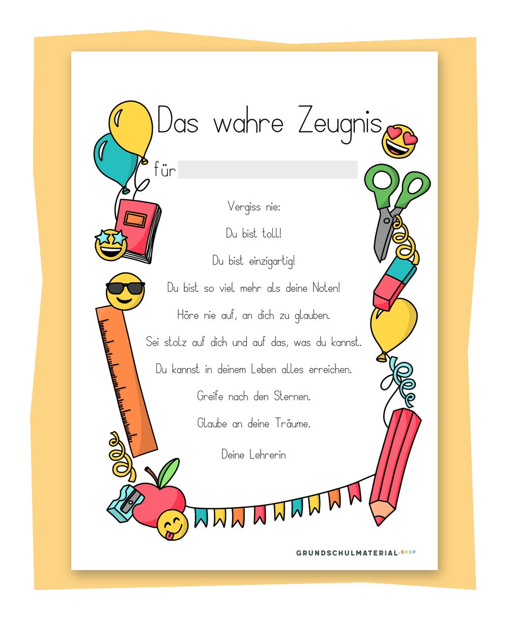 Das wahre Zeugnis Schul-Edition – Motivationszeugnis für die Grundschule mit Schulsachen, Luftballons und Wimpelkette