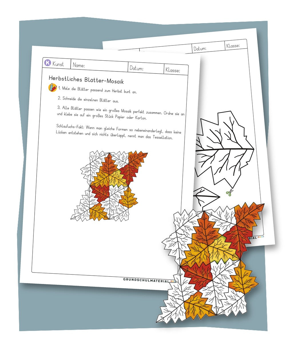 Herbstliches Blätter-Mosaik – Bastelidee für die ganze Klasse mit Arbeitsblatt und buntem Beispiel-Mosaik
