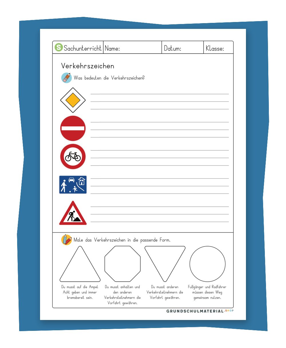 Produktbild Verkehrszeichen Arbeitsblatt mit Lösungsblatt für die Verkehrserziehung
