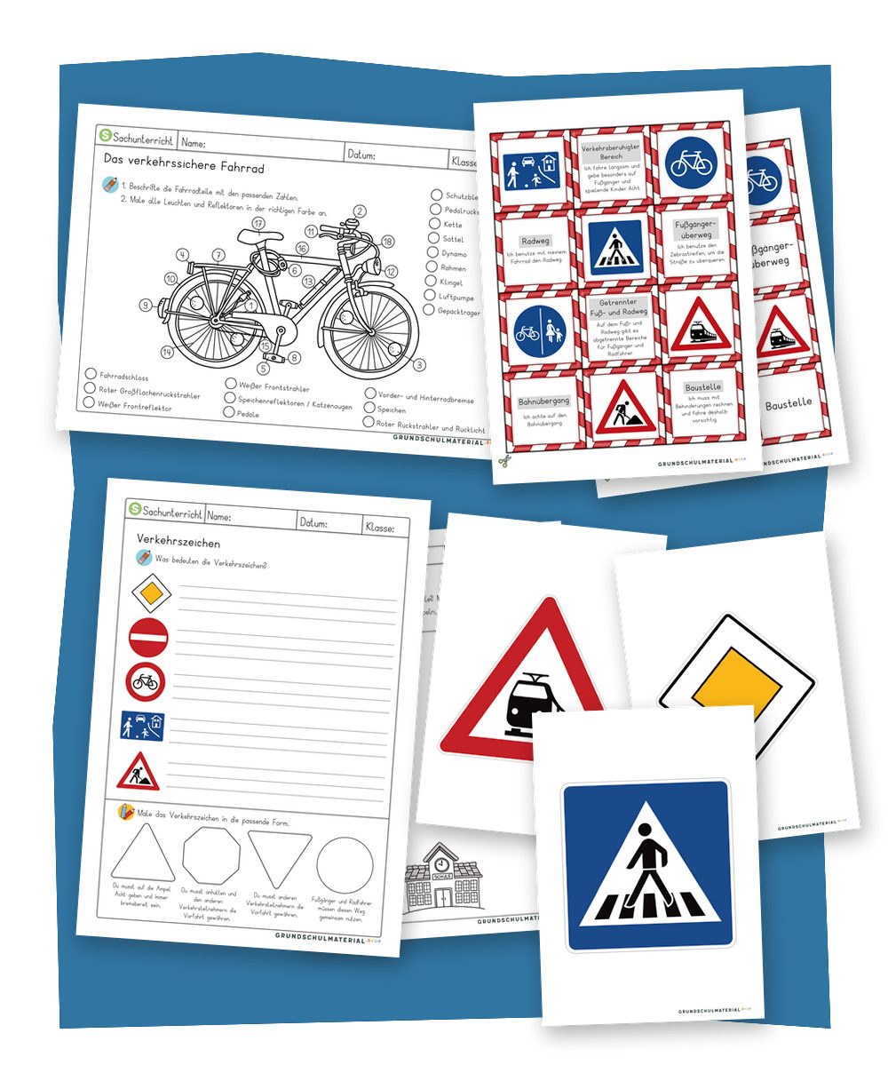 Produktbild Materialpaket Verkehrserziehung: Verkehrszeichen zum Ausdrucken, Bildermerkspiel und Arbeitsblätter zu Verkehrszeichen, Schulweg und Fahrrad