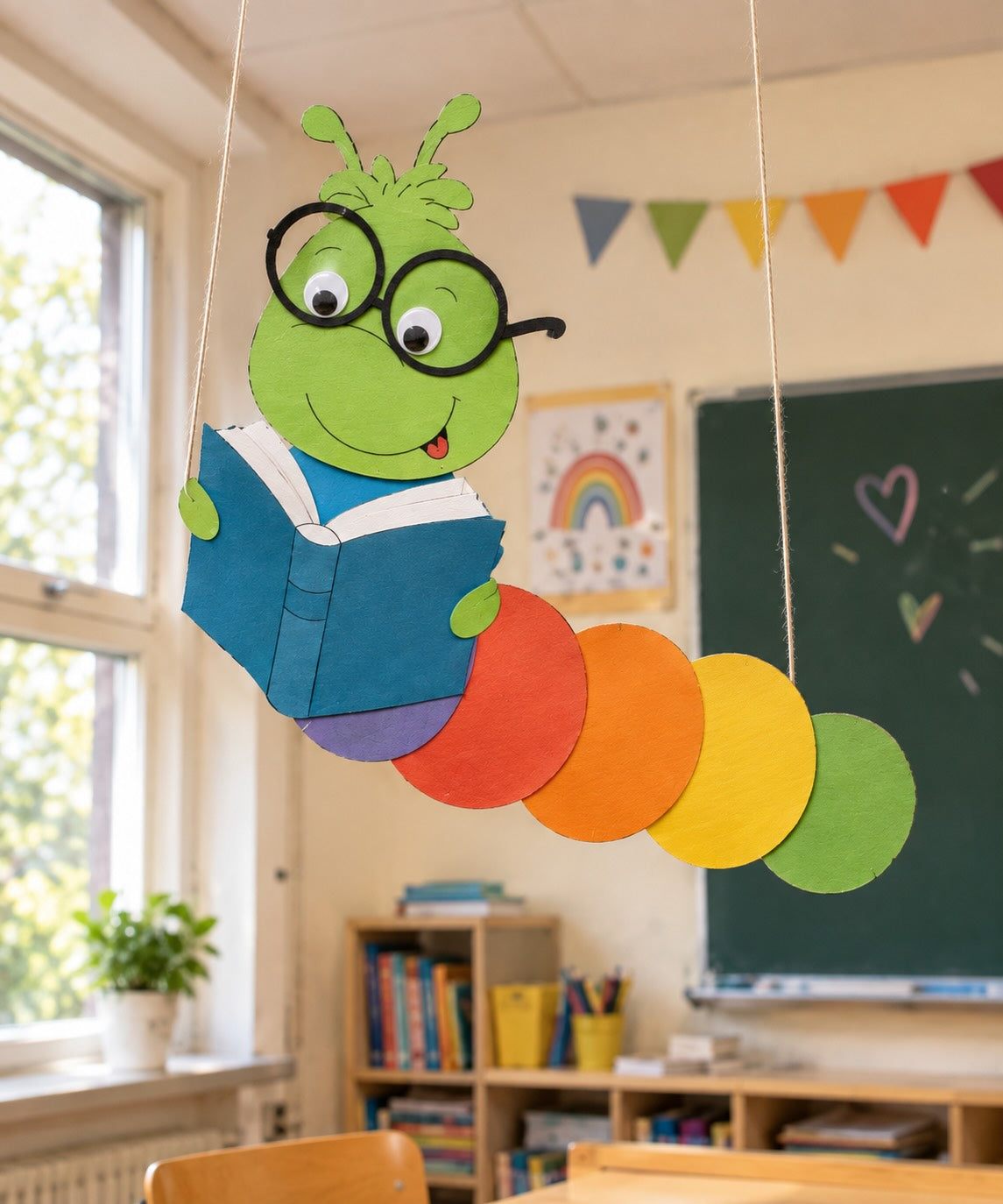 Gebastelte Leseraupe im Klassenzimmer – Bastelanleitung Leseraupe zur Leseförderung