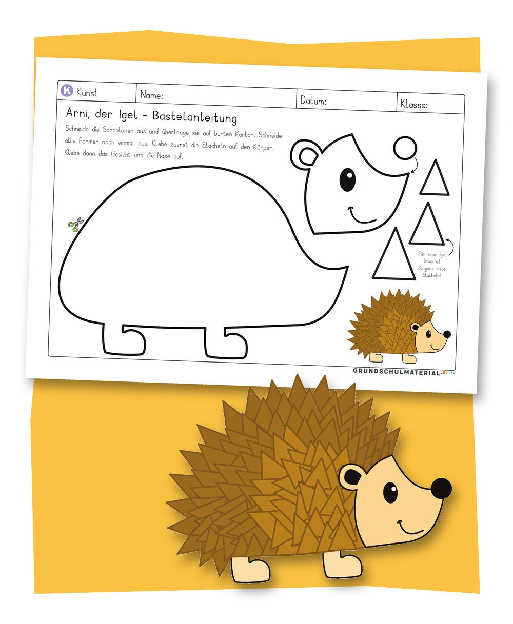 Bastelanleitung Igel für den Herbst – Bastelvorlage mit Schablonen und fertigem Igel für die Grundschule