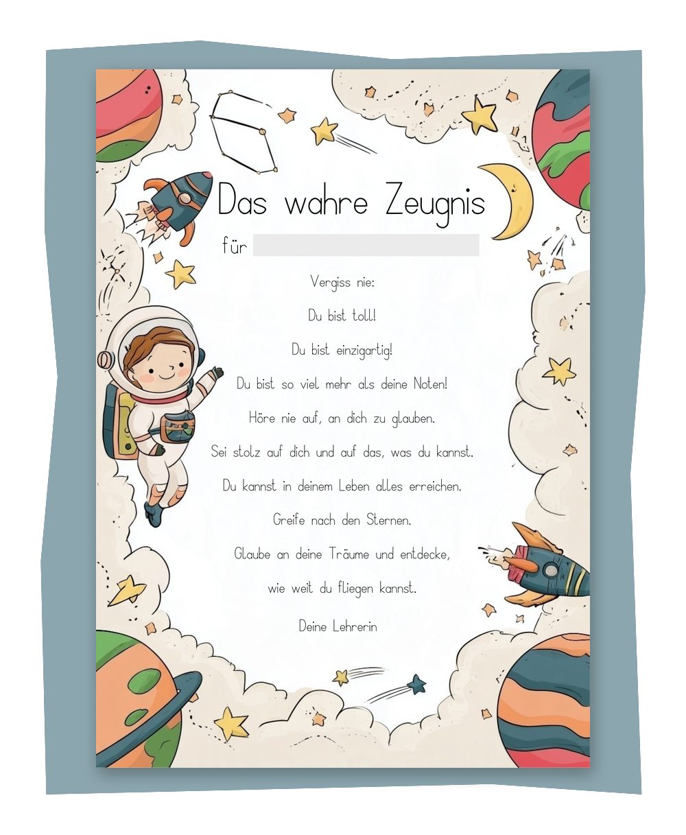Das wahre Zeugnis Weltraum-Edition – Motivationszeugnis für die Grundschule mit Astronaut, Raketen und Planeten