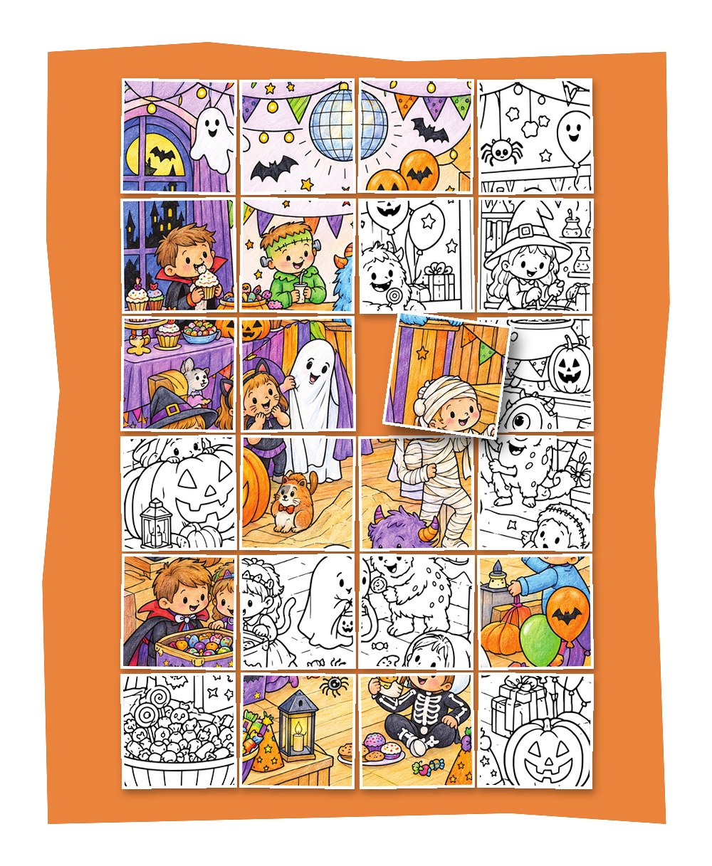 Gemeinschaftsbild Halloween: Halloween-Party aus 24 Bildausschnitten, teils bunt ausgemalt