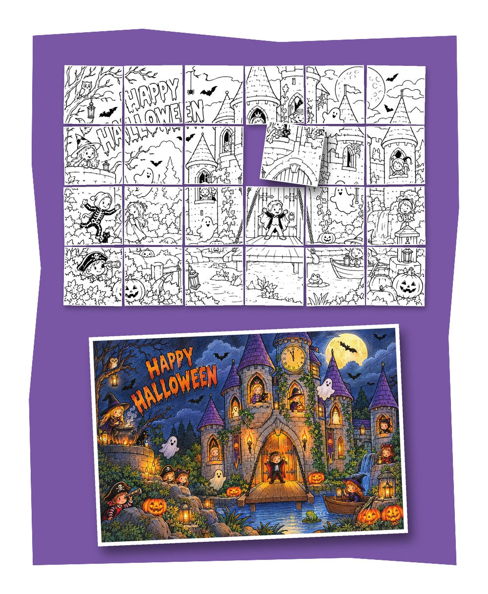 Gemeinschaftsbild Halloween-Gruselschloss – 24 Bildausschnitte und fertiges buntes Poster für die Grundschule