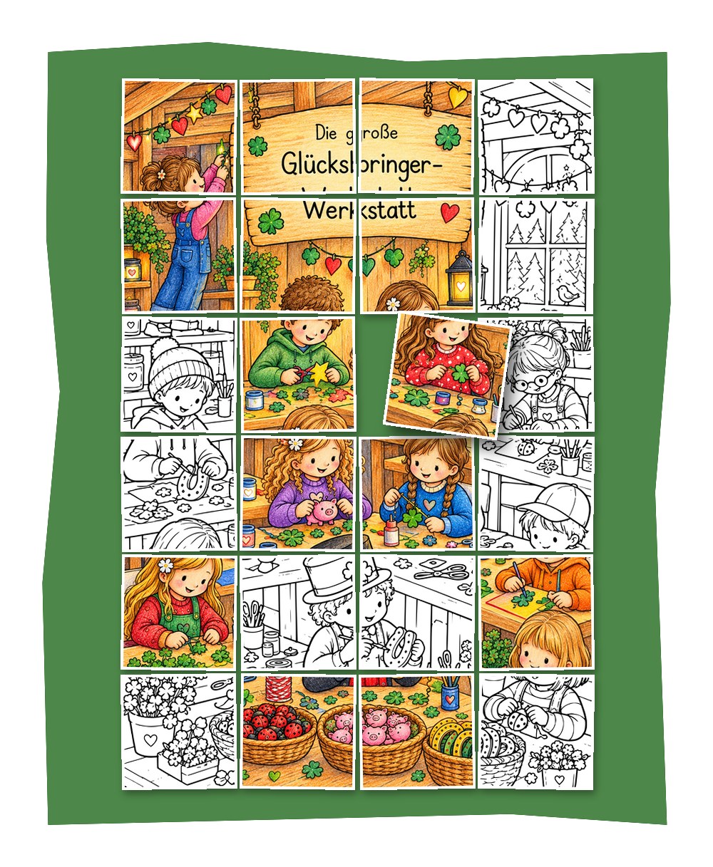 Gemeinschaftsbild Glücksbringer-Werkstatt: Neujahrsbild aus 24 Bildausschnitten, teils bunt ausgemalt