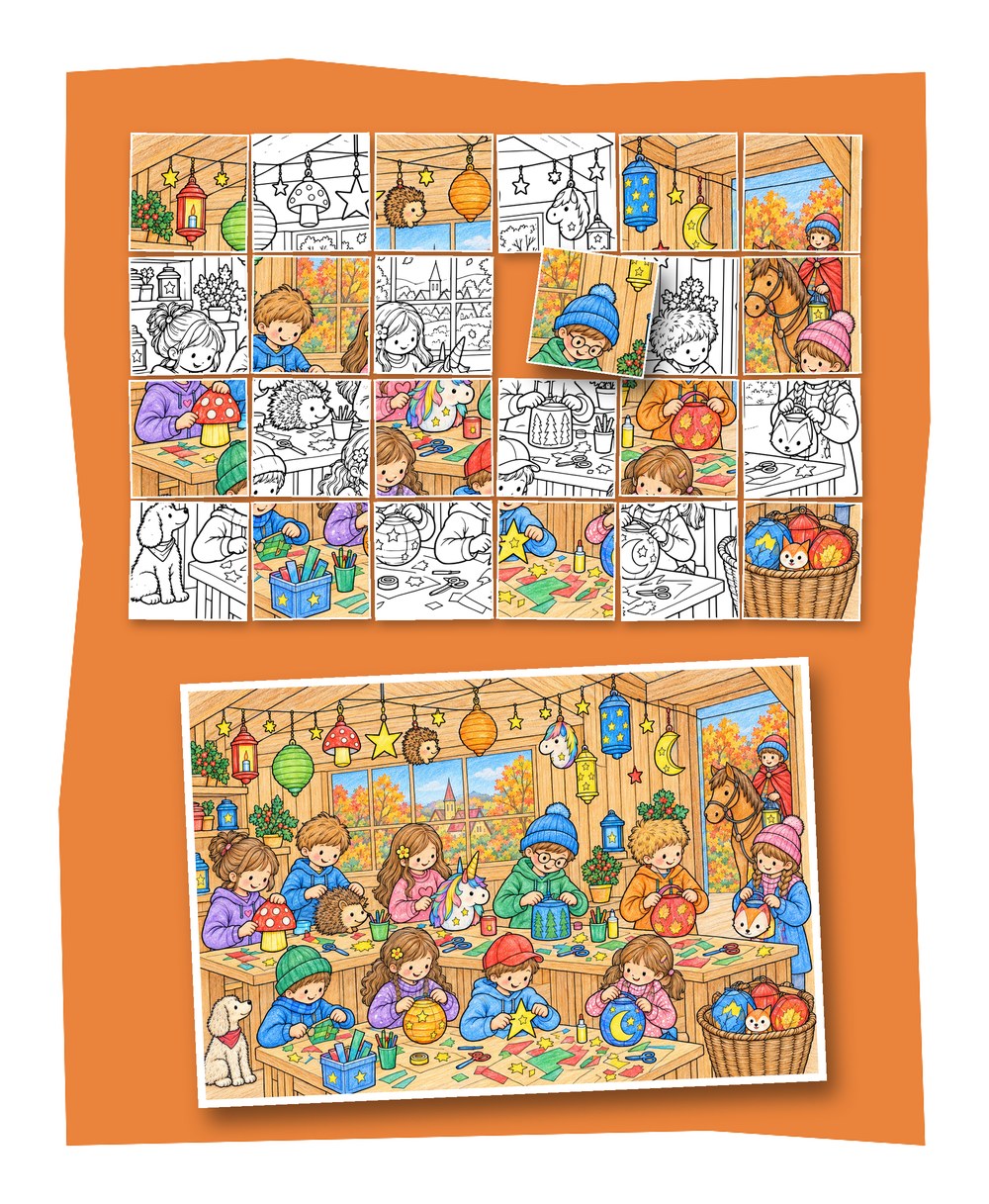 Gemeinschaftsbild Laternenwerkstatt: Sankt-Martin-Bild aus 24 Bildausschnitten, teils bunt ausgemalt