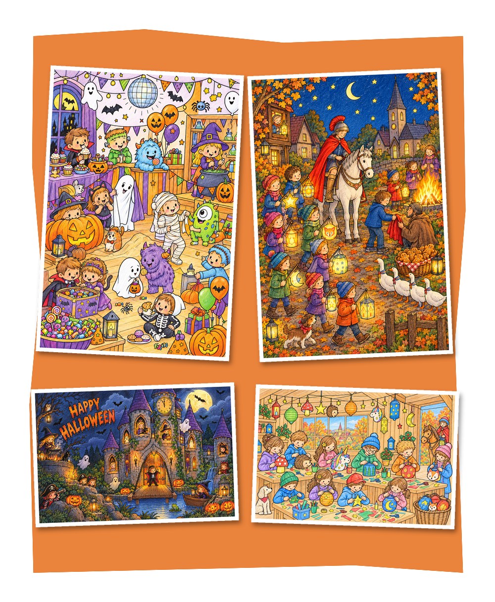 Materialpaket Gemeinschaftsbilder Herbst und Halloween: Halloween-Party, Gruselschloss, Sankt Martin und Laternenwerkstatt