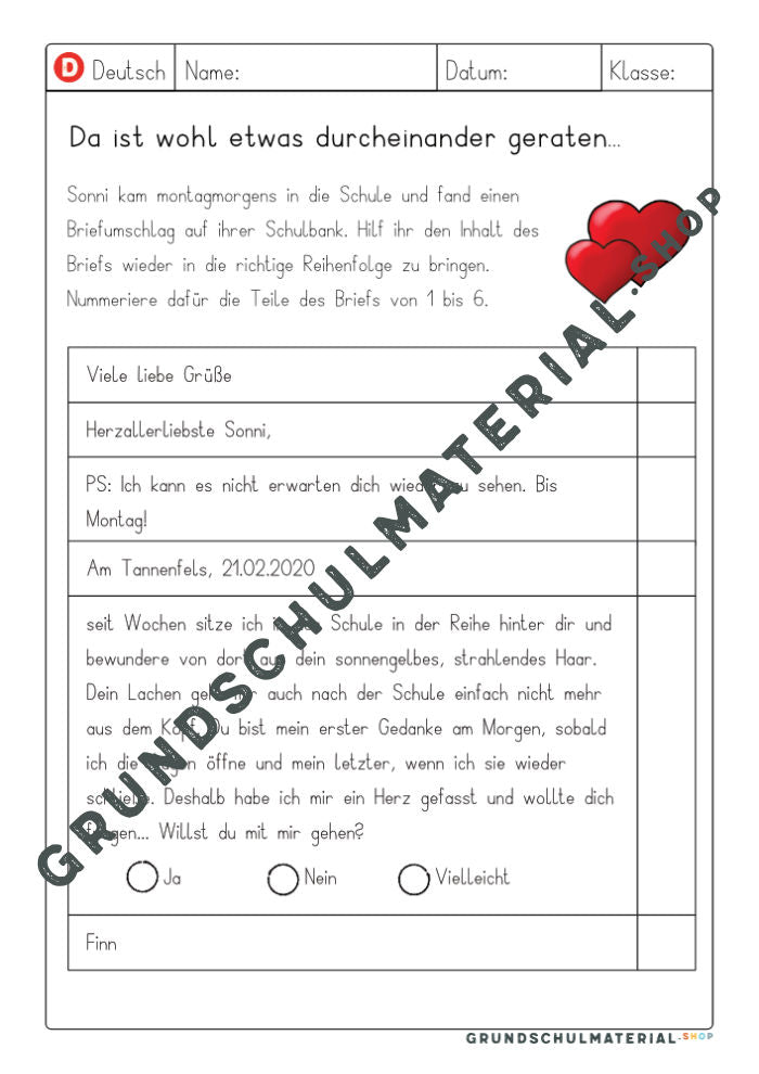 Arbeitsblatt Reihenfolge eines Briefs