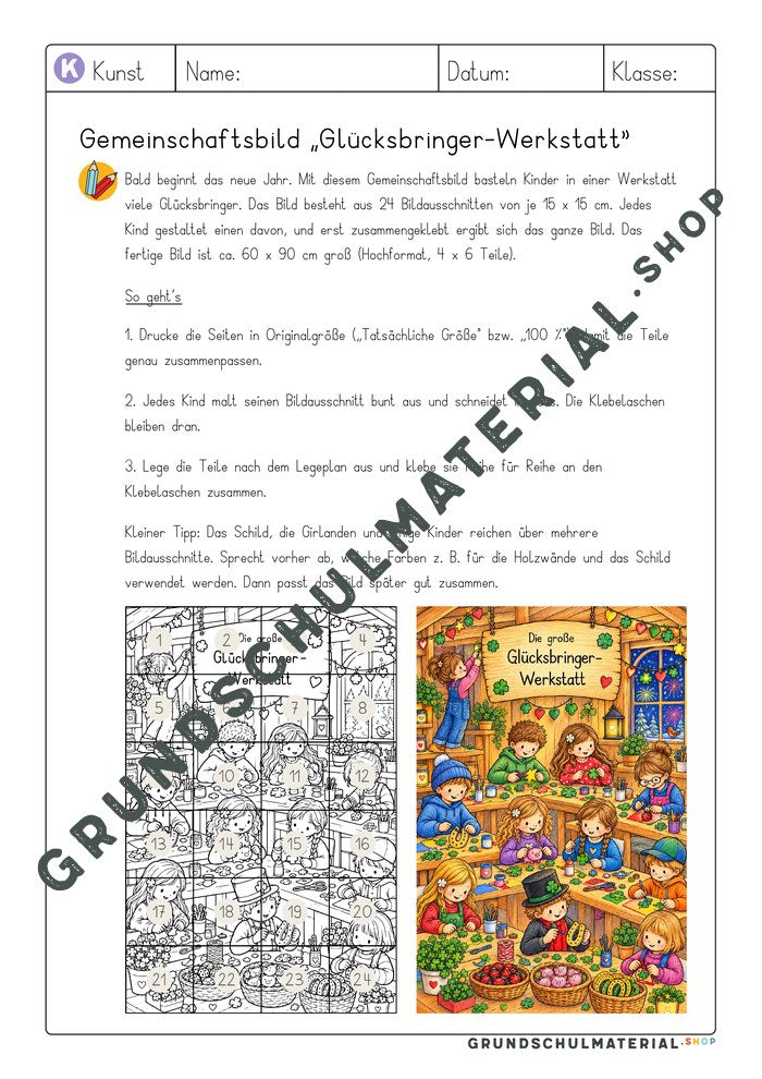 Hinweise für Lehrkräfte mit Legeplan und bunter Vorschau des Glücksbringer-Gemeinschaftsbilds