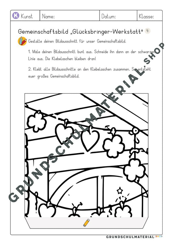 Gemeinschaftsbild Glücksbringer-Werkstatt: Arbeitsblatt Bildausschnitt 4 zum Ausmalen