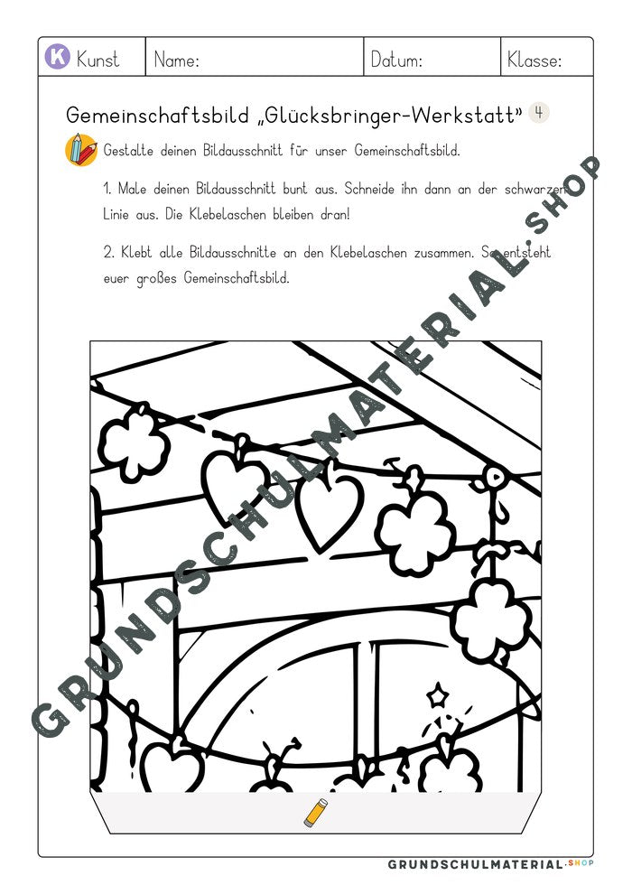 Gemeinschaftsbild Glücksbringer-Werkstatt: Arbeitsblatt Bildausschnitt 4 zum Ausmalen