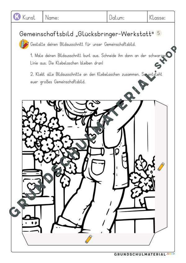 Gemeinschaftsbild Glücksbringer-Werkstatt: Arbeitsblatt Bildausschnitt 5 zum Ausmalen