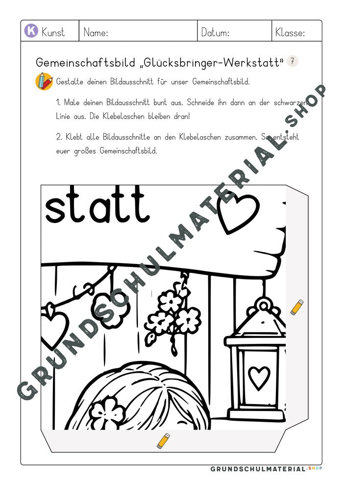 Gemeinschaftsbild Glücksbringer-Werkstatt: Arbeitsblatt Bildausschnitt 7 zum Ausmalen