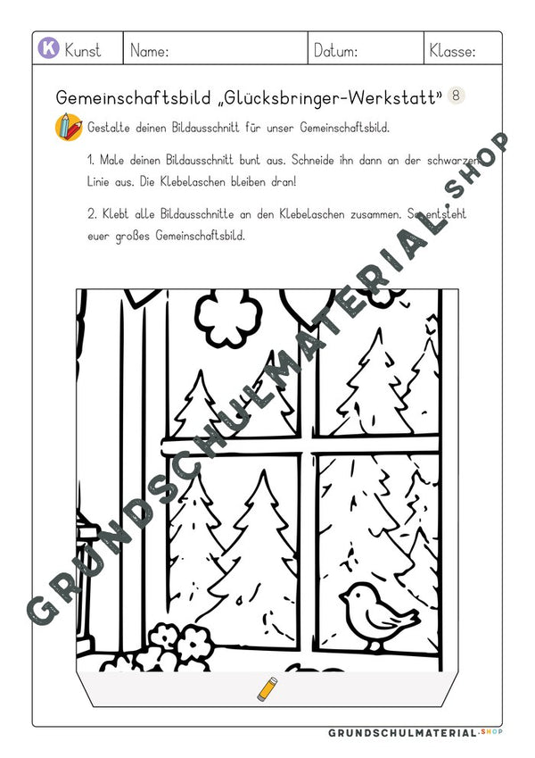 Gemeinschaftsbild Glücksbringer-Werkstatt: Arbeitsblatt Bildausschnitt 8 zum Ausmalen