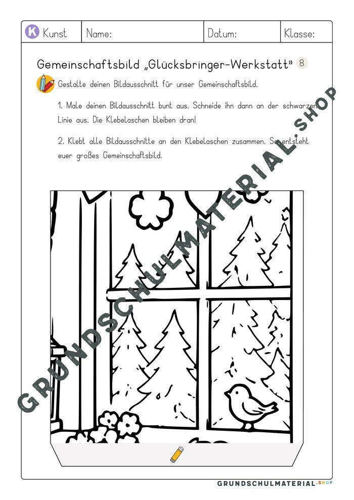 Gemeinschaftsbild Glücksbringer-Werkstatt: Arbeitsblatt Bildausschnitt 8 zum Ausmalen