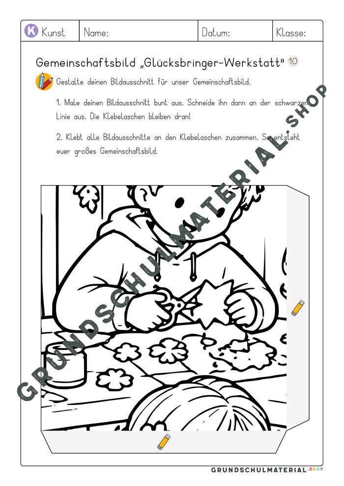 Gemeinschaftsbild Glücksbringer-Werkstatt: Arbeitsblatt Bildausschnitt 10 zum Ausmalen