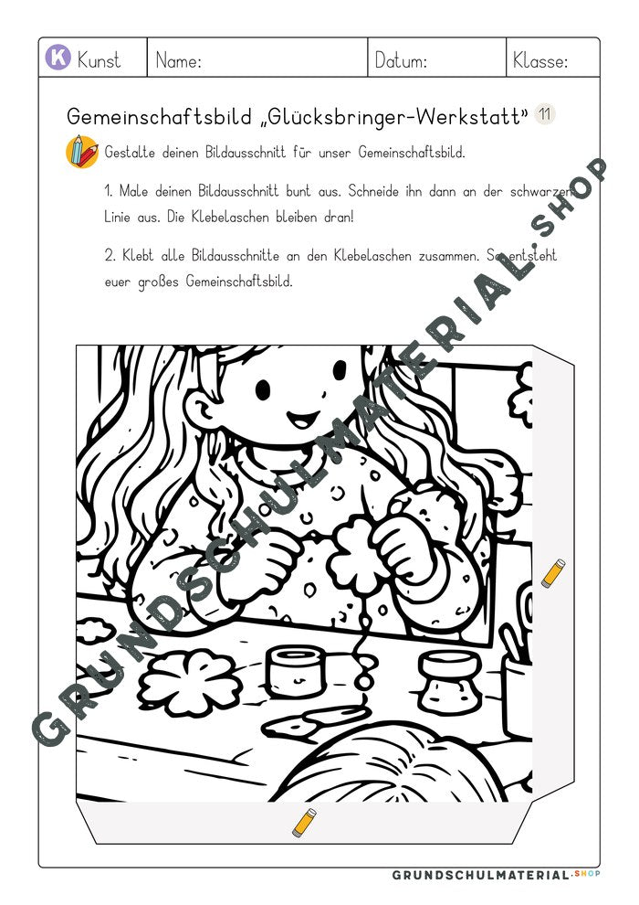Gemeinschaftsbild Glücksbringer-Werkstatt: Arbeitsblatt Bildausschnitt 11 zum Ausmalen